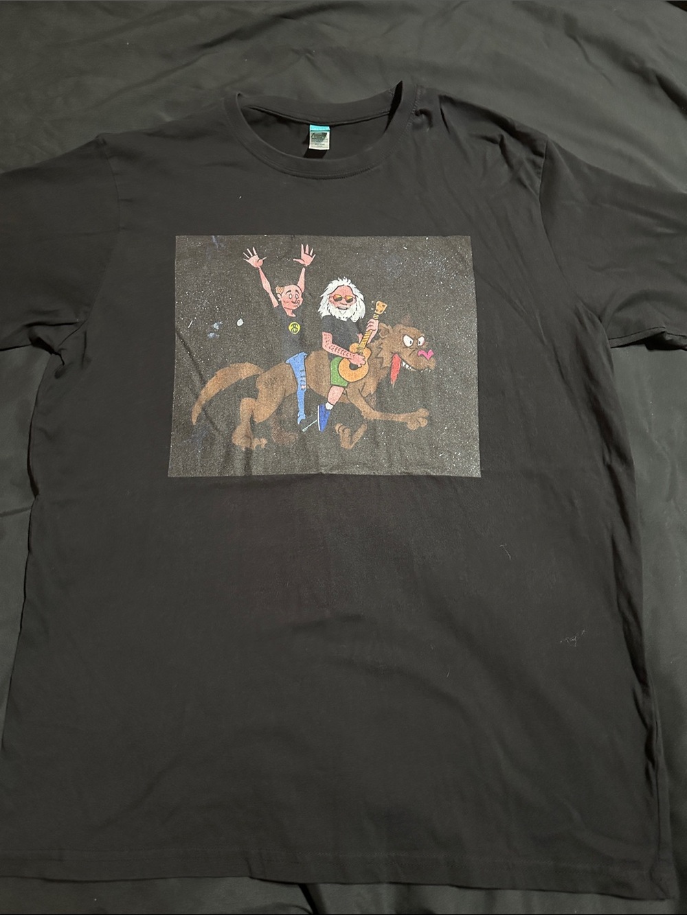 Cartoon Grateful Dead Jerry Garcia Black Graphic T‑Shirt with Wolf Band